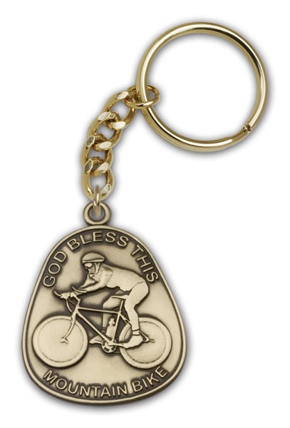 God Bless This Mountain Bike Keychain - Antique Gold
