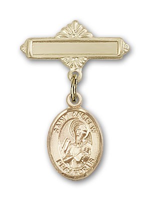 Pin Badge with St. Andrew the Apostle Charm and Polished Engravable Badge Pin - Gold Tone