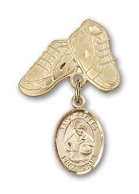 Pin Badge with St. Albert the Great Charm and Baby Boots Pin - Gold Tone