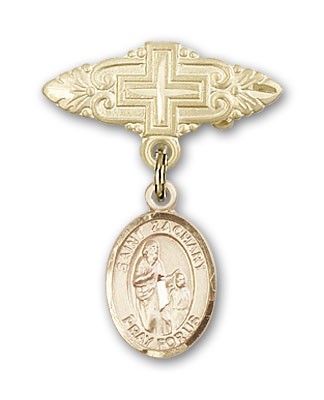 Pin Badge with St. Zachary Charm and Badge Pin with Cross - 14K Solid Gold