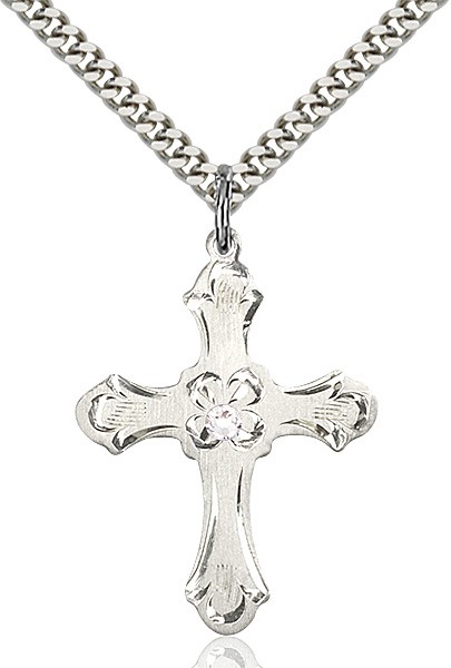 Budded Cross Pendant with Etched Border Birthstone Options - Crystal