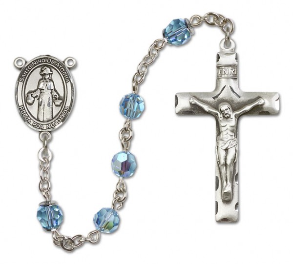St. Nino de Atocha Sterling Silver Heirloom Rosary Squared Crucifix - Aqua