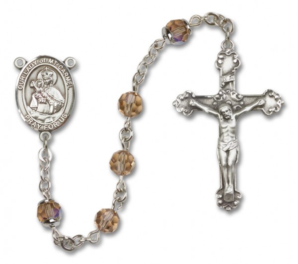 Our Lady of Mount Carmel Sterling Silver Heirloom Rosary Fancy Crucifix - Topaz