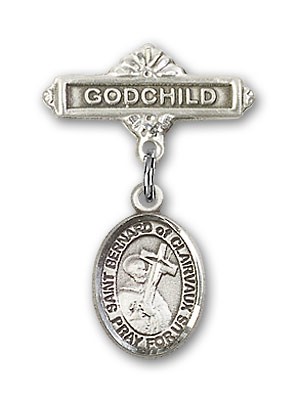 Pin Badge with St. Bernard of Clairvaux Charm and Godchild Badge Pin - Silver tone