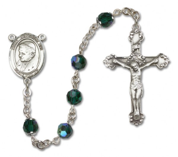 Pope Benedict XVI Sterling Silver Heirloom Rosary Fancy Crucifix - Emerald Green
