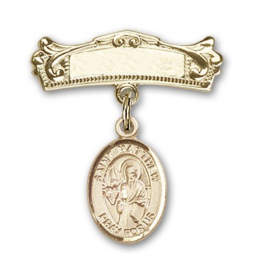 Pin Badge with St. Matthew the Apostle Charm and Arched Polished Engravable Badge Pin - Gold Tone