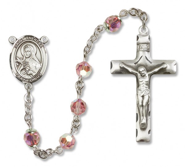 St. Theresa Sterling Silver Heirloom Rosary Squared Crucifix - Light Rose
