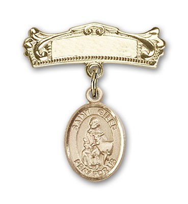 Pin Badge with St. Giles Charm and Arched Polished Engravable Badge Pin - 14K Solid Gold