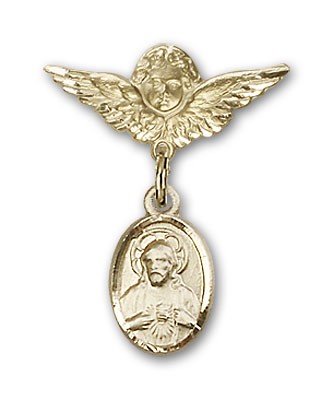 Baby Pin with Scapular Charm and Angel with Smaller Wings Badge Pin - Gold Tone