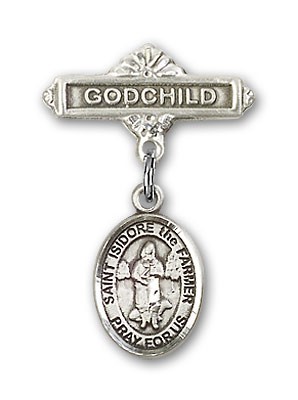Pin Badge with St. Isidore the Farmer Charm and Godchild Badge Pin - Silver tone