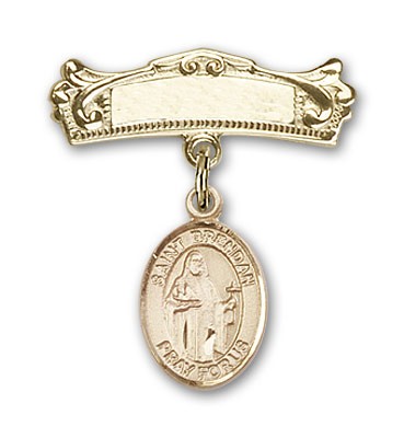 Pin Badge with St. Brendan the Navigator Charm and Arched Polished Engravable Badge Pin - 14K Solid Gold