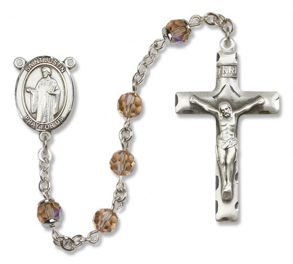 St. Justin Sterling Silver Heirloom Rosary Squared Crucifix - Topaz