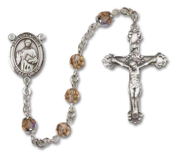 St. Placidus Sterling Silver Heirloom Rosary Fancy Crucifix - Topaz