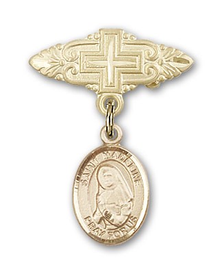 Pin Badge with St. Madeline Sophie Barat Charm and Badge Pin with Cross - 14K Solid Gold