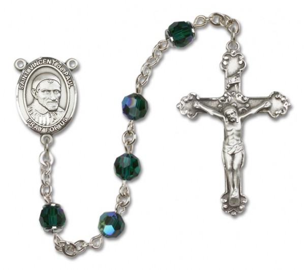 St. Vincent de Paul Sterling Silver Heirloom Rosary Fancy Crucifix - Emerald Green