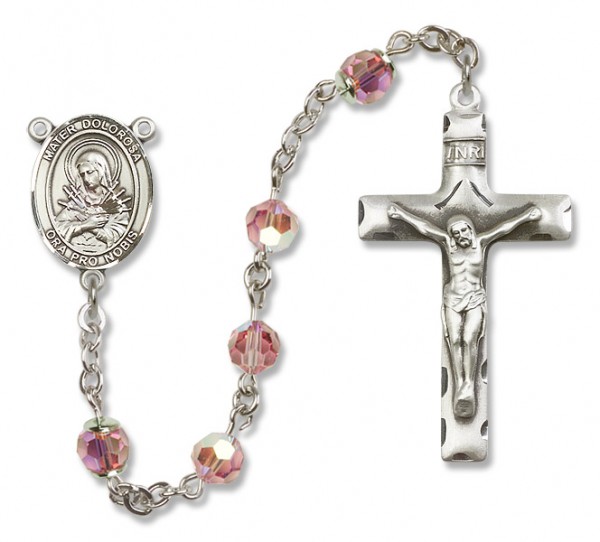 Mater Dolorosa Rosary Our Lady of Mercy Sterling Silver Heirloom Rosary Squared Crucifix - Light Rose