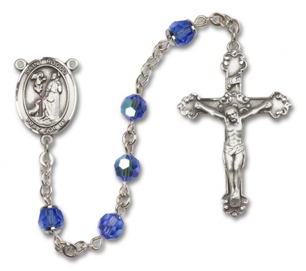 St. Rocco Sterling Silver Heirloom Rosary Fancy Crucifix - Sapphire