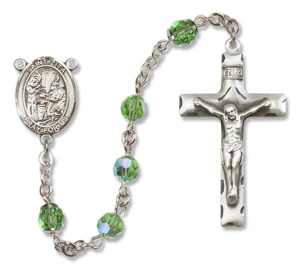 St. Zita Sterling Silver Heirloom Rosary Squared Crucifix - Peridot