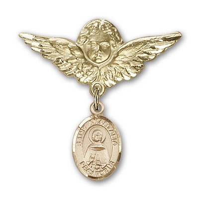 Pin Badge with St. Anastasia Charm and Angel with Larger Wings Badge Pin - Gold Tone