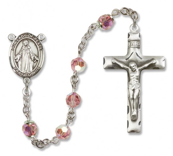 Our Lady of Peace Sterling Silver Heirloom Rosary Squared Crucifix - Light Rose
