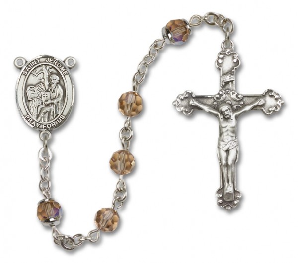 St. Jerome Sterling Silver Heirloom Rosary Fancy Crucifix - Topaz