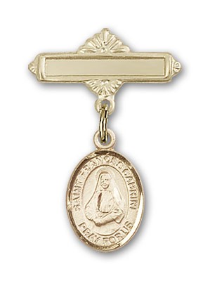 Pin Badge with St. Frances Cabrini Charm and Polished Engravable Badge Pin - Gold Tone