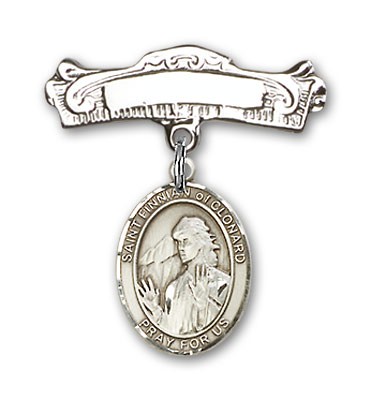 Pin Badge with St. Finnian of Clonard Charm and Arched Polished Engravable Badge Pin - Silver tone