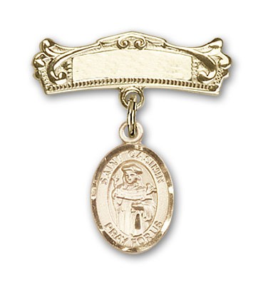 Pin Badge with St. Casimir of Poland Charm and Arched Polished Engravable Badge Pin - 14K Solid Gold