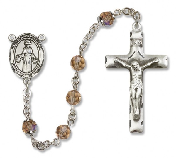 St. Nino de Atocha Sterling Silver Heirloom Rosary Squared Crucifix - Topaz
