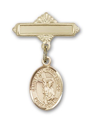 Pin Badge with St. Paul of the Cross Charm and Polished Engravable Badge Pin - Gold Tone
