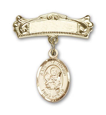 Pin Badge with St. Raymond Nonnatus Charm and Arched Polished Engravable Badge Pin - Gold Tone