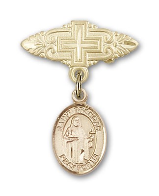 Pin Badge with St. Brendan the Navigator Charm and Badge Pin with Cross - 14K Solid Gold