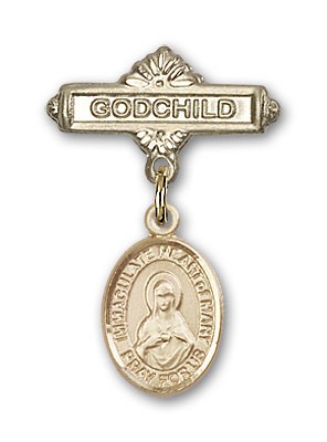Baby Badge with Immaculate Heart of Mary Charm and Godchild Badge Pin - 14K Solid Gold