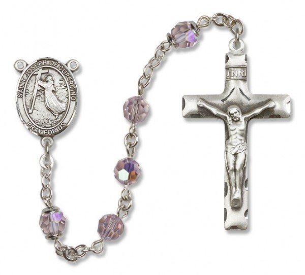 St. Joseph of Cupertino Sterling Silver Heirloom Rosary Squared Crucifix - Light Amethyst