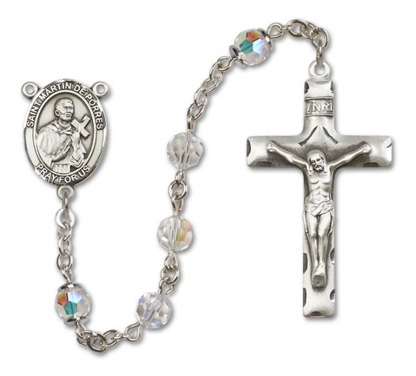 St. Martin de Porres Sterling Silver Heirloom Rosary Squared Crucifix - Crystal