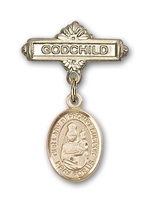 Baby Badge with Our Lady of Prompt Succor Charm and Godchild Badge Pin - 14K Solid Gold