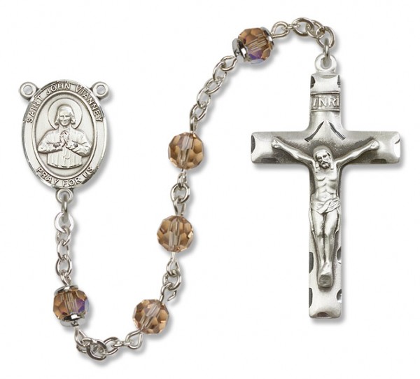 St. John Vianney Sterling Silver Heirloom Rosary Squared Crucifix - Topaz