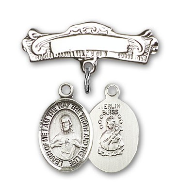 Pin Badge with Scapular Charm and Arched Polished Engravable Badge Pin - Silver tone