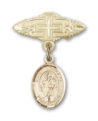 Pin Badge with St. Nicholas Charm and Badge Pin with Cross - Gold Tone