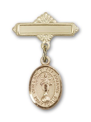 Pin Badge with Our Lady of All Nations Charm and Polished Engravable Badge Pin - Gold Tone