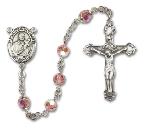 St. Martin de Porres Sterling Silver Heirloom Rosary Fancy Crucifix - Light Rose