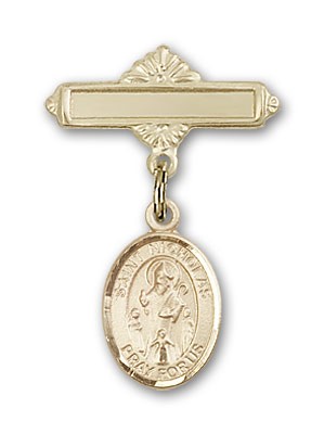 Pin Badge with St. Nicholas Charm and Polished Engravable Badge Pin - 14K Solid Gold