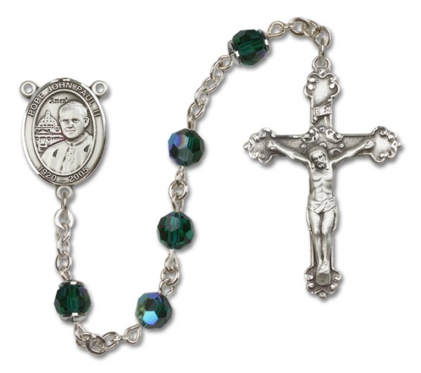 Pope John Paul II Sterling Silver Heirloom Rosary Fancy Crucifix - Emerald Green