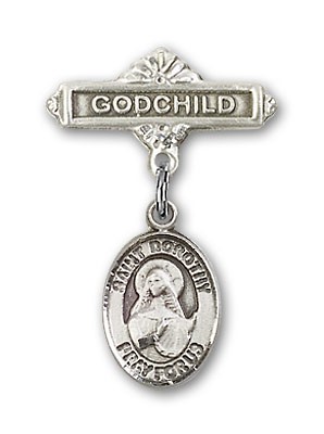 Pin Badge with St. Dorothy Charm and Godchild Badge Pin - Silver tone