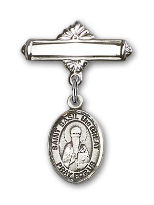 Pin Badge with St. Basil the Great Charm and Polished Engravable Badge Pin - Silver tone
