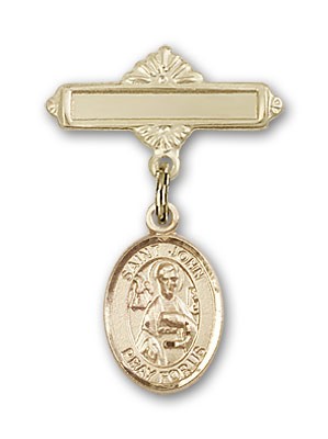 Pin Badge with St. John the Apostle Charm and Polished Engravable Badge Pin - 14K Solid Gold