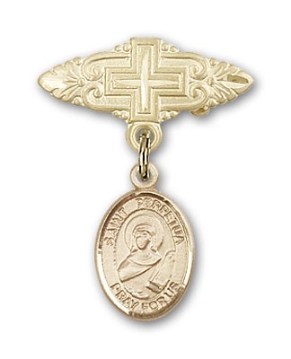 Pin Badge with St. Perpetua Charm and Badge Pin with Cross - 14K Solid Gold