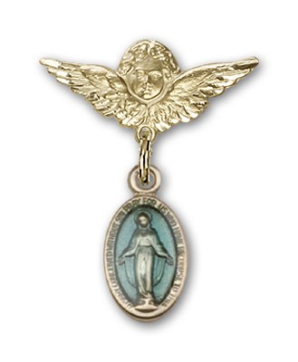 Pin Badge with Blue Miraculous Charm and Angel with Smaller Wings Badge Pin - 14KT Gold Filled