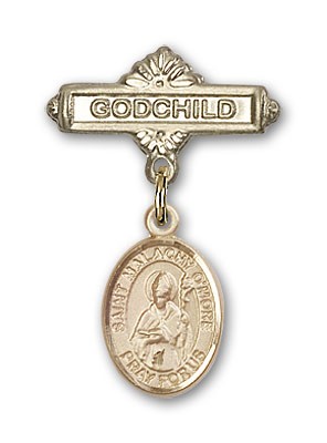 Pin Badge with St. Malachy O'More Charm and Godchild Badge Pin - 14K Solid Gold