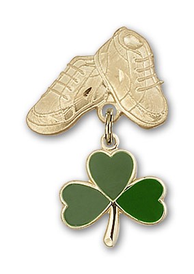 Baby Badge with Shamrock Charm and Baby Boots Pin - 14K Solid Gold